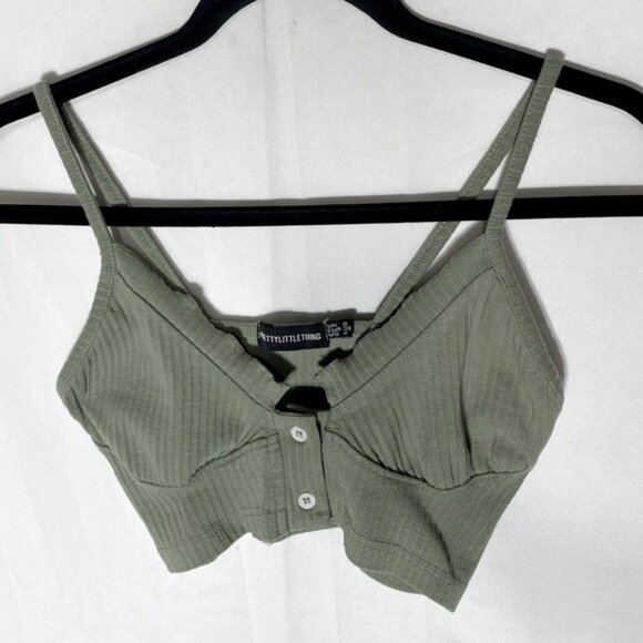 SOLD-Pretty Little Thing Green Ribbed Button Up Bra Top Crop Top 4 - Picture 8 of 14